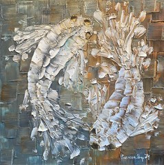 ORIGINAL Painting White Koi Fish Textured Palette Knife 20×20”- by Susanna Shap