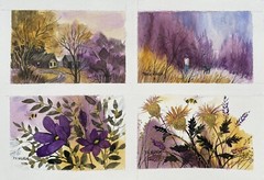 7X10” Original Watercolor Pamela Wilhelm 4-paintings Ea 2.75×4.25” Yellow Purple