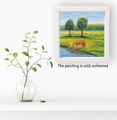 Oil Painting Original Horse Canvas Landscape Farm Animal River Pasture Equine