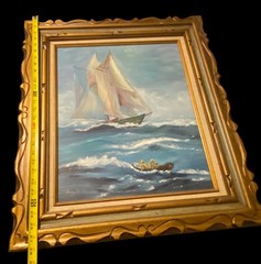 Sailboat Oil Painting Custom Framed 28” X 23.5” Signed Triple Matte Ornate