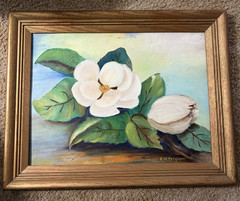 E W Ferguson Signed Vintage Magnolia Oil Painting Framed White Floral Canvas Art