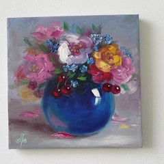 Colorful Floral Bouquet Original Oil Painting Impressionist Still Life Wall Art
