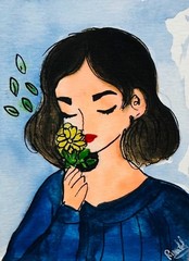 Original Watercolor Girl Flower Portrait ACEO OOAK Mini Painting Cute Wall Art