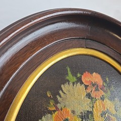 Vtg Original Oil Painting Floral Still Life Oval Deep Wood Frame 12×14 Moody
