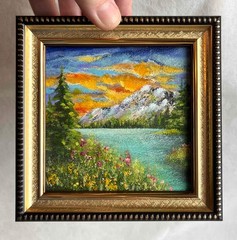 Sunset Original Oil Painting Landscape Mountain Lake and Trees Wall Art 4 x 4 in