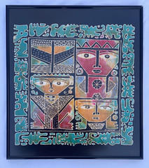 MURJOKO SIGNED BATIK PAINTING 2 PC LOT SOUTH ASIAN AZTEC MAYAN ABSTRACT FIGURES