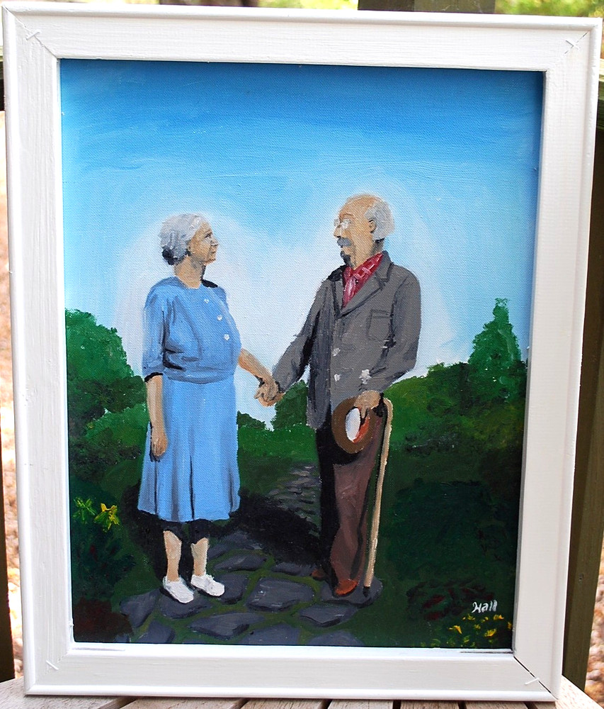 Vtg ‚ELDERLY COUPLE‘ PORTRAIT Acrylic Painting On Board Signed Framed 20″ x 16″