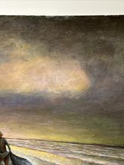 Antique Painting Wpa Regionalism Beach Fisherman Sunset Evening Coastal Sea Oil