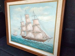 Vintage Original Oil Painting Clipper Ship Tall Sails Nautical Framed 16×20