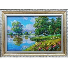 Summer River Original Oil Painting 6×4 Framed Signed Lake Landscape Nature Art