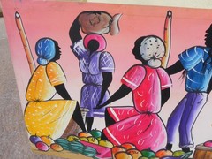 Caribbean Haitian or Jamaican art colorful oil painting figures signed D Roberts