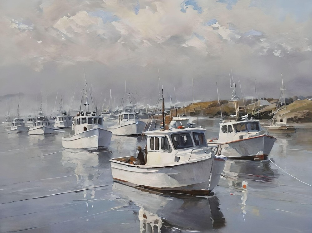 aceo art card Maine Lobster Boats at anchor in a small cove