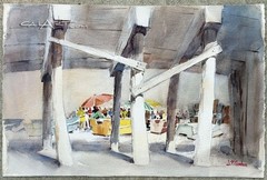 Vintage DORY FISHING FLEET MARKET NEWPORT, CaLiFoRnia 1960s Regionalist Painting