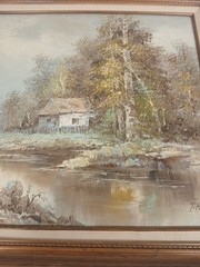T. Azeen Signed original Oil On Canvas Framed 30″x27″ landscape house on stream
