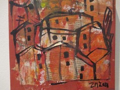 Italy collage with paper acrylic picture on canvas unique gouache city scene