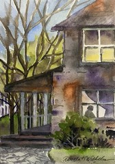 Original Pamela Wilhelm 5”x7” Watercolor Evening House Porch Woman In A Window
