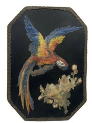 Victorian Wall Art Painted 3D Paper Mache Parrot on Black Silk Antique Rare