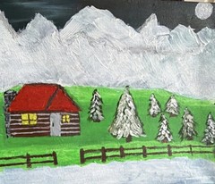 Cabin Mountains Moon Trees Acrylic Painting on Canvas, Unframed, Signed AY