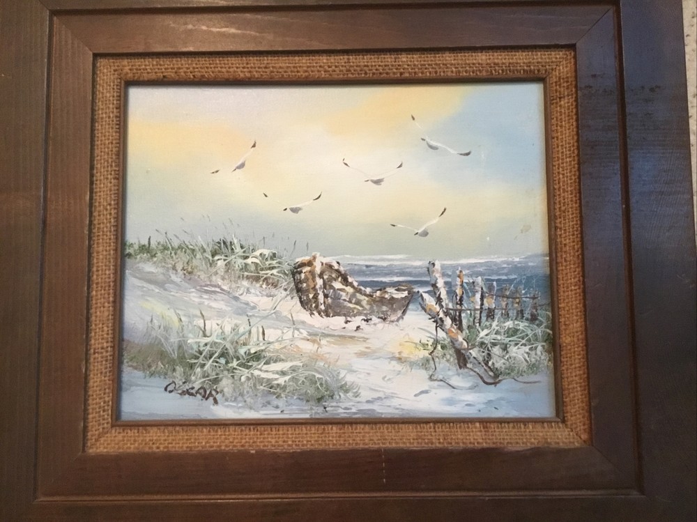 VTG Framed Oil On Canvas Painting Seascape Beach Seagulls Boat Signed 16 X 14”