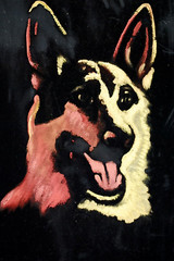 Vtg GERMAN SHEPHERD DOG Original BLACK VELVET OIL PAINTING Carved Wood Frame 25″
