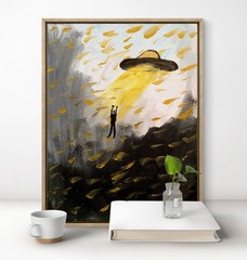 Mary Myers Original Surreal UFO Painting 11×14 Acrylic Canvas Signed Man vs