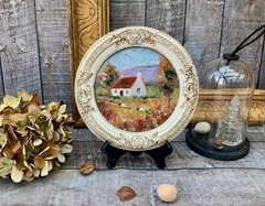 Framed Original Art Landscape 8 in diameter, Irish Cottage Painting, Sheep Art