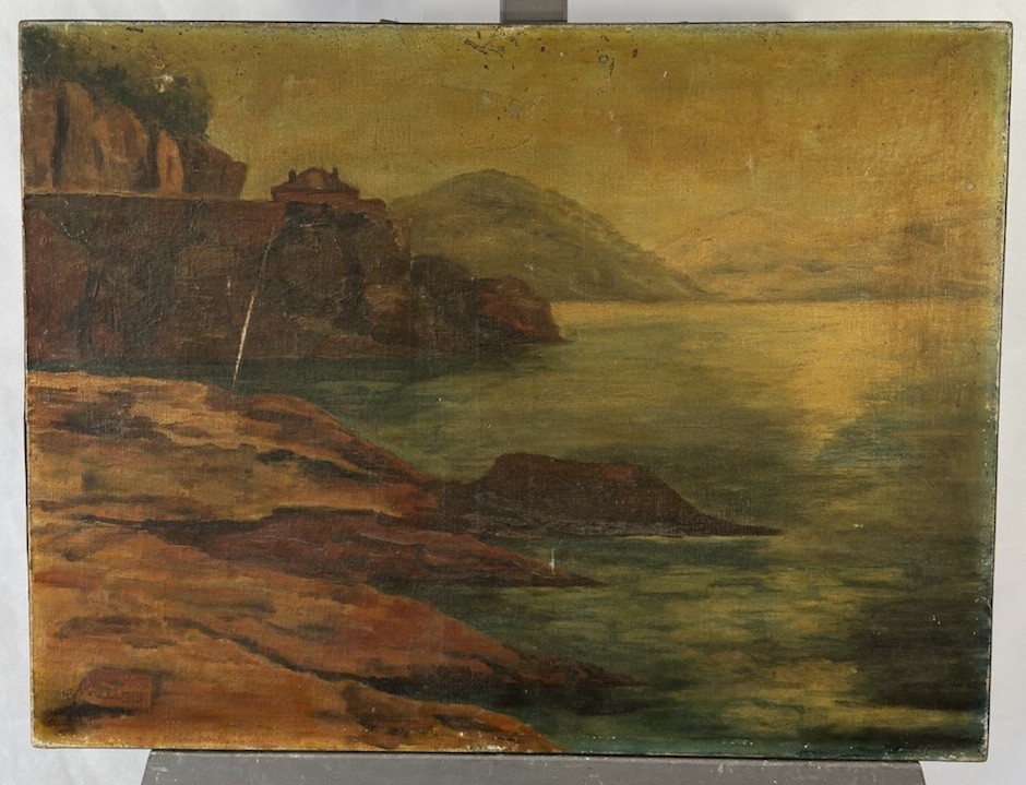Oil On Canvas Signed Rocky Coast At Sunset Orientalism 46×61 Cm
