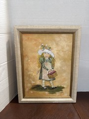Signed Painting Holly Hobby Theme Girl Holding Basket Cottage Core 14″x11″