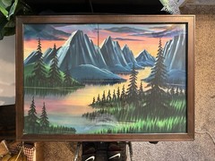 Vintage Black Velvet Painting Signed MCM Cross Mountains Lake Trees Framed Glows