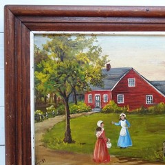 Vintage Miniature Folk Art Landscape Oil Painting Red Saltbox House Trees Signed