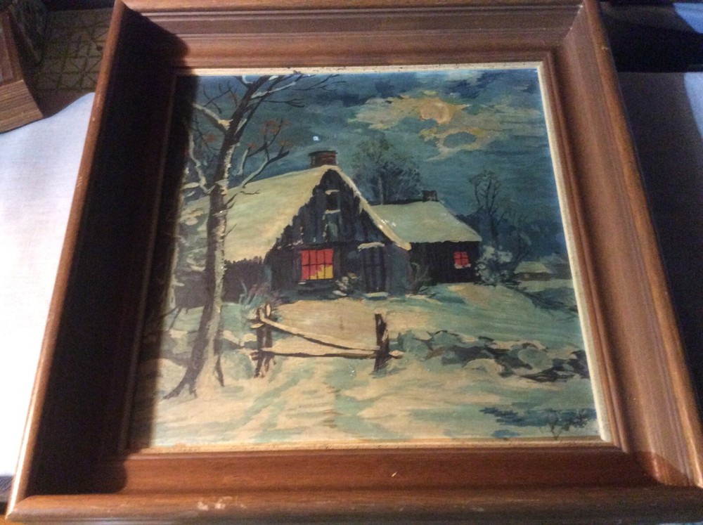 Rare~Mary Altha Nims~Original Oil Board Painting~Moonlit House~Winters Night~Art