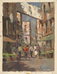 C. MARRA Signed Vintage cMid-1960s Italian Oil Painting ITALIAN STREET MARKET