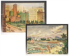 PAIR! Manner of Maurice Prendergast Urban Cityscape Tropical Seascape Paintings