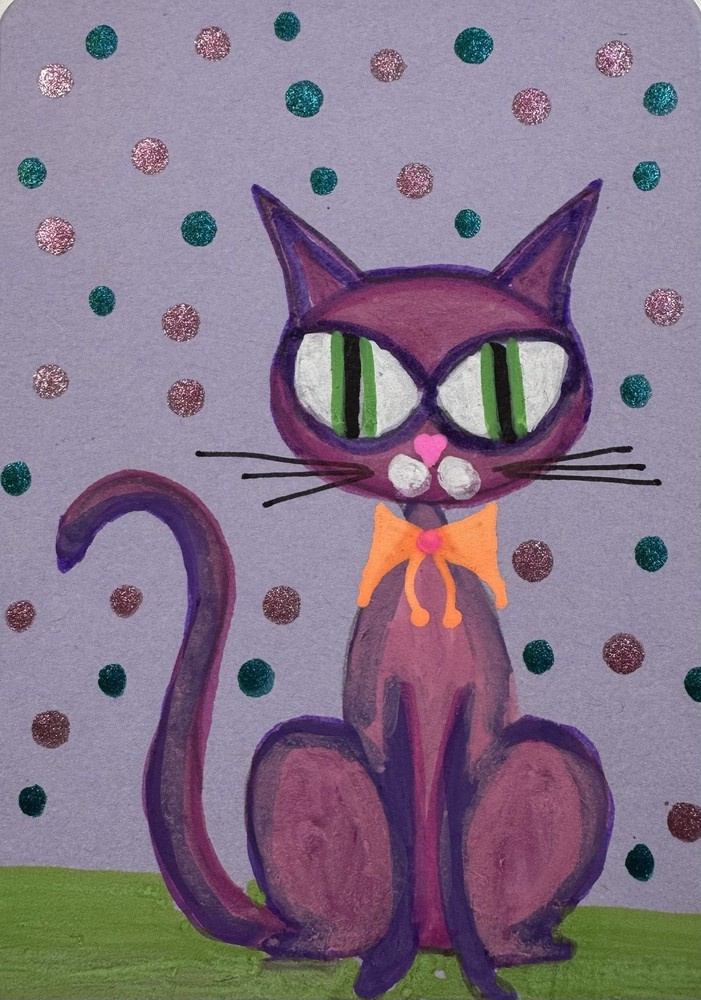 ACEO Original Acrylic Painting Abstract Cat With Dots 2.5 X 3.5 Inches