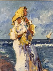 Mother and Child on Beach Oil Painting Gilt Wooden Frame 18“x15“ Spanish Style