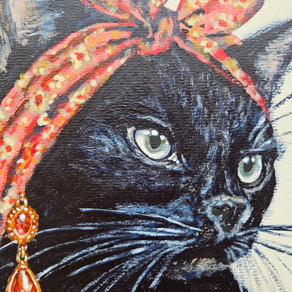 Bombay Cat Portrait Painting Black Feline Fashion Illustration Original Acrylic