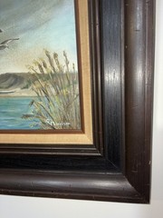 Vintage Seagull Coastal Landscape Painting – Signed Canvas – Rustic Nautical Art
