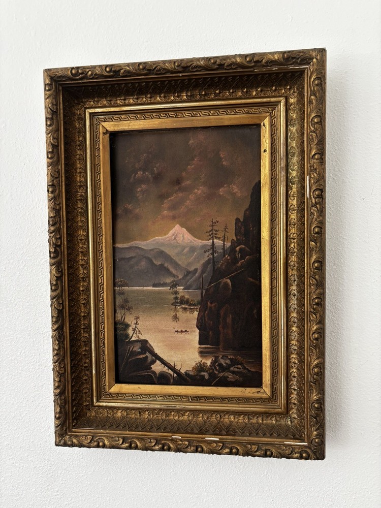 Antique 19th C. Oil On Board of Mount Hood, Oregon Ornate Gilt wood Frame