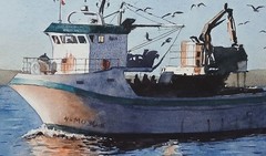 Original Painting in Watercolor „Fishing Boat And Seagulls“ 16″x 12″