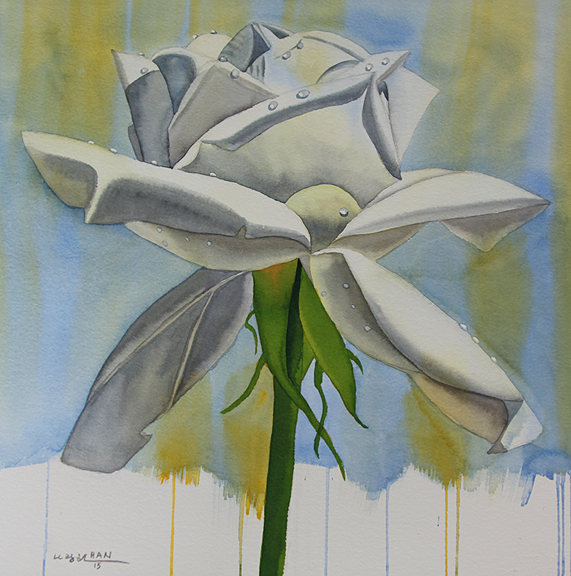 White Rose, Flower, Garden, Original Watercolor Painting, Signed, Art, 23×23