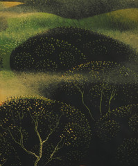 Eyvind Earle „HILLSIDE THROUGH THE FOG“ original oil painting 41cm x 46.5cm