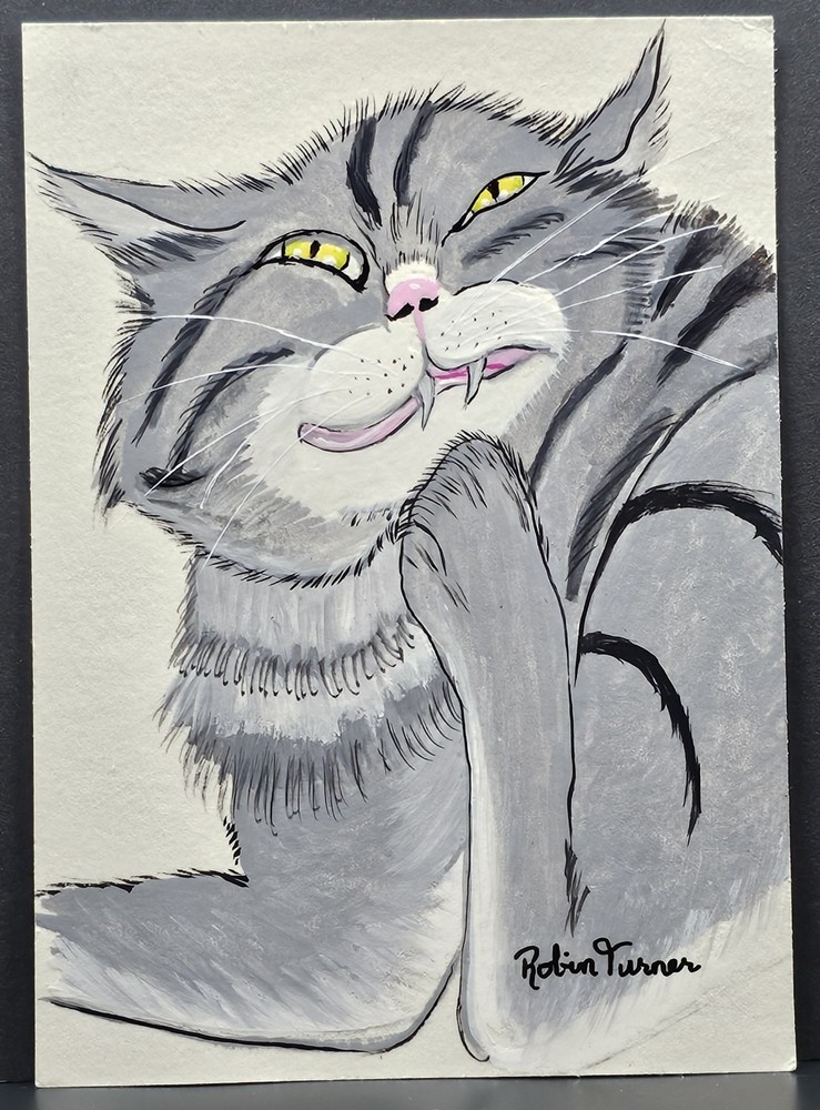 Original OOAK Gouache Painting 5×7 Sealed Silly Scratching Cat Gray Handmade Art