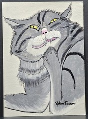 Original OOAK Gouache Painting 5×7 Sealed Silly Scratching Cat Gray Handmade Art