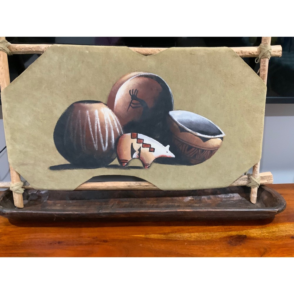 Southwestern Hand Painted Suede Leather Wall Art Rusti Wood Frame Kokopelli Bear