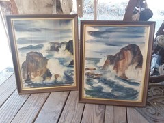 2 Vintage Framed Paintings Beach Ocean Art Decor Collect Landscape Coast Water