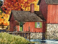 Minnesota Artist Lloyd Harting Signed Watercolor. Grist Mill In Autumn. 1944
