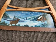 Hand Painted Bow Saw Blade Cross Cut CABIN BUCK DEER Mountains Primitive 38×26
