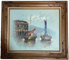 Vintage Original Oil On Canvas Signed Luini Fishing Boats At The Docks Framed
