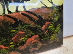 Vtg Vietnamese Lacquer Painting Gold Leaf Water Buffalo Sun Art Plaque 8.5″ x 4″
