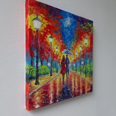 Small Oil Painting on Canvas Autumn Park Couple Umbrella Vibrant Colors Wall Art